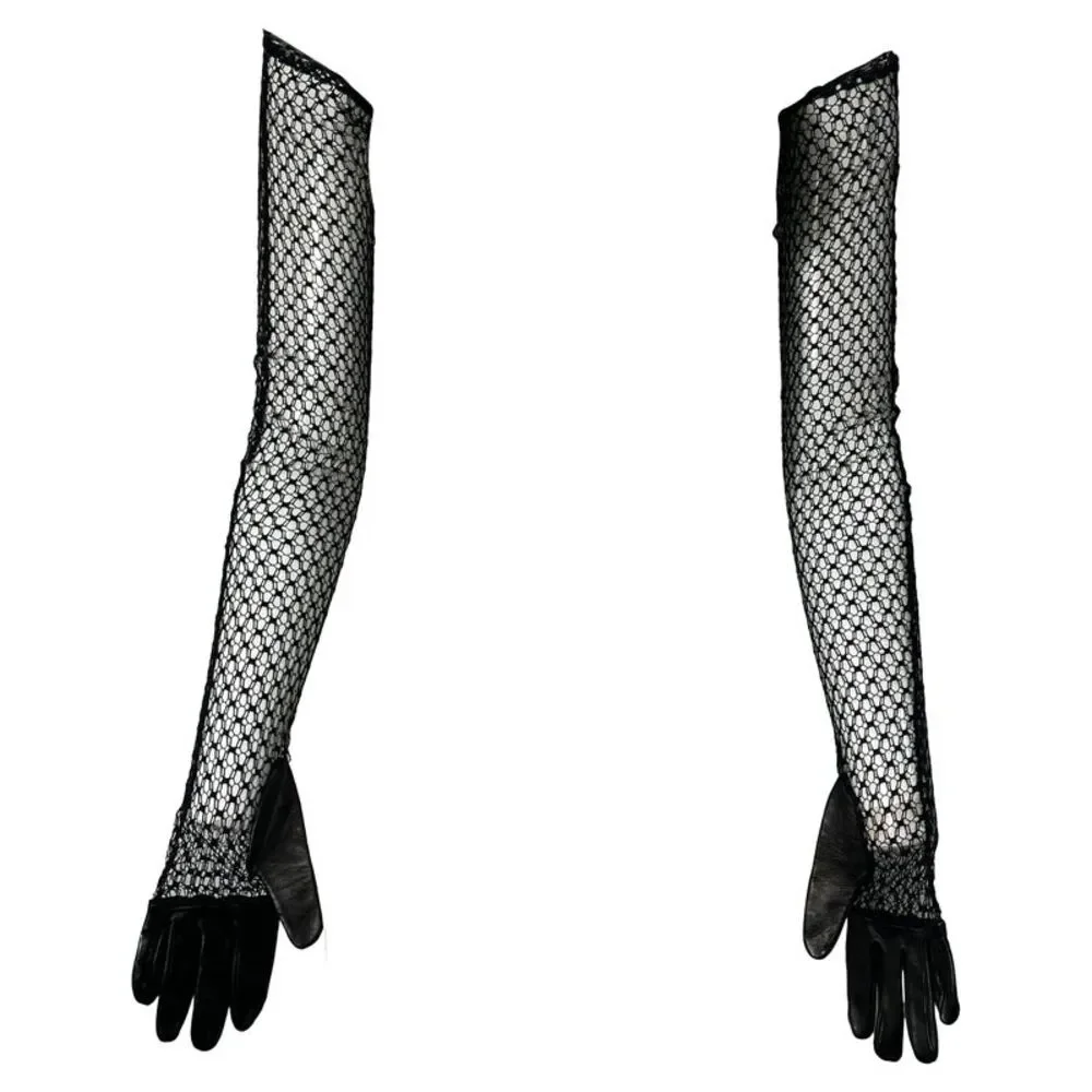 Alexander McQueen Mesh Gloves with Leather in Black Polyamide